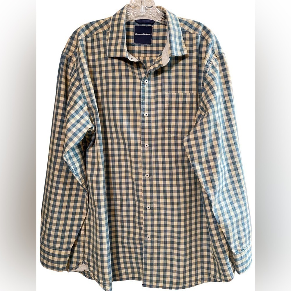 Tommy Bahama Silk Blend Checkered Long Sleeve Plaid Button Front Shirt L